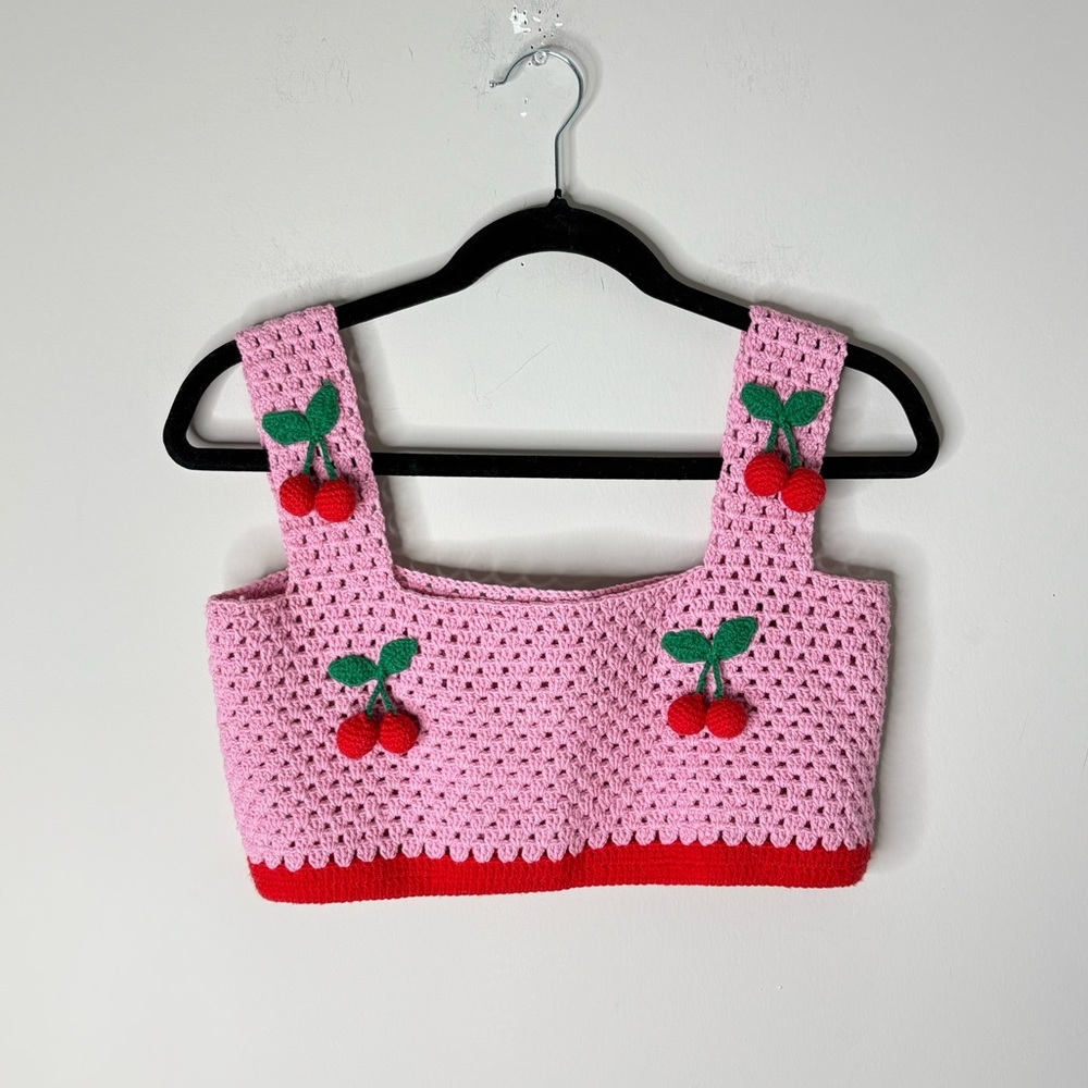 Pink Crochet Cherry Sweater Top